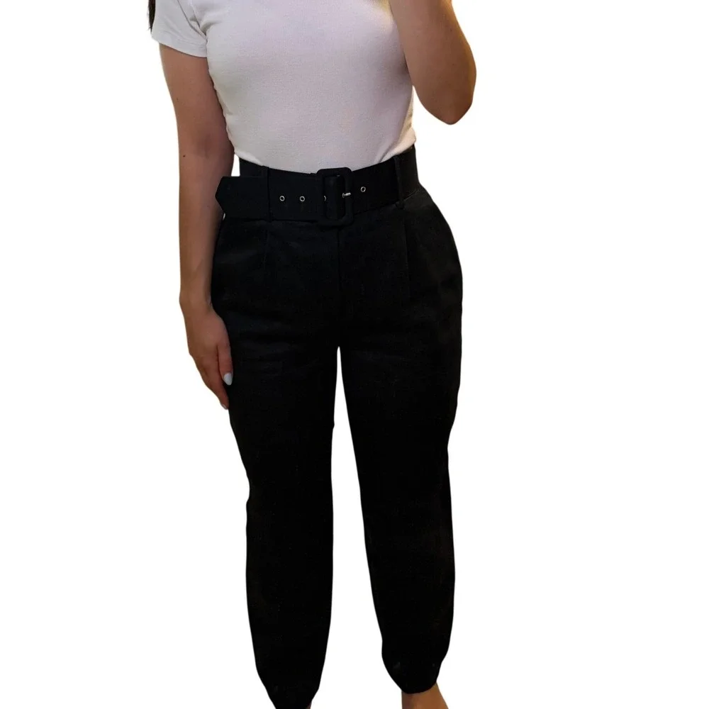 Zara Linen Pants Womens Small Black High Waisted Belted Tapered Trousers Spain